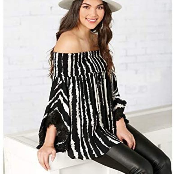 Mud Pie Tops - NWT Mudpie Kristin Black White Stripe Off the Shoulder Poncho Top Sz. M / L